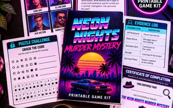 Retro 80s Neon Party Murder Mystery & Escape Room Game Kit